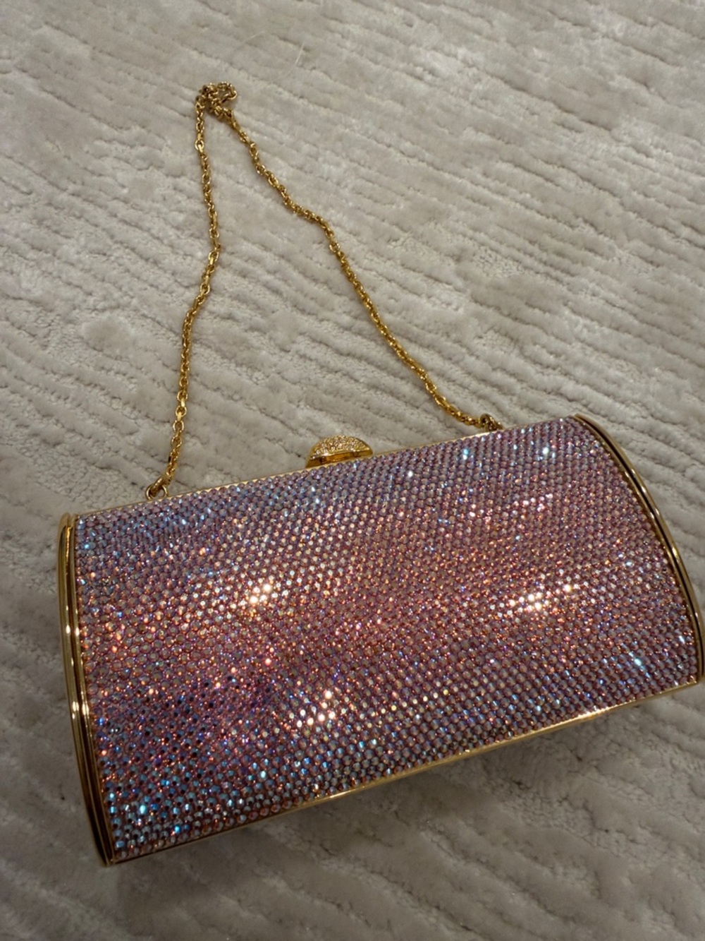 Judith Leiber Pink Crystal Evening Clutch with Gold Chain